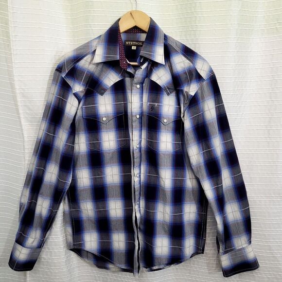 Stetson Western Shirt Ombre Plaid Blue Red Black Model 11-001-0478-1032 Men's S - Picture 14 of 14